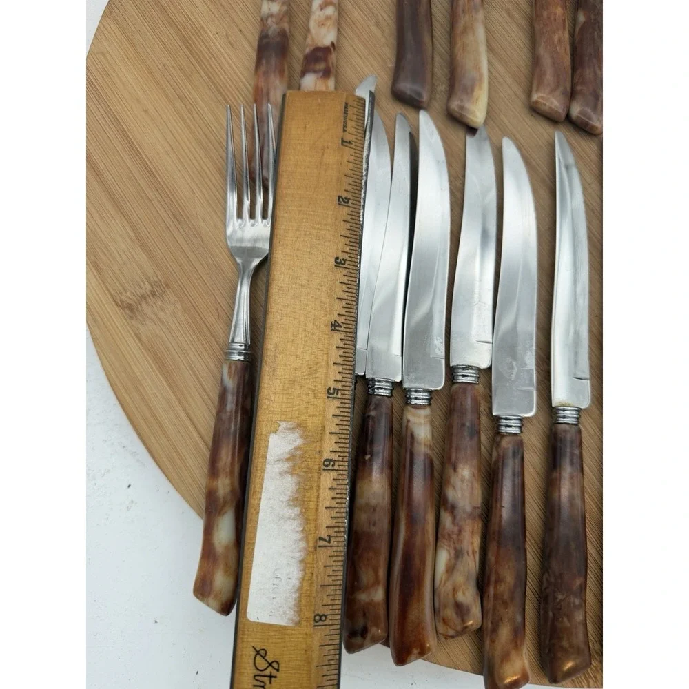 Vtg  Glo-Hill Bakelite Knives and Forks Marble Yellow And Carmel Catalin 21 Pcs